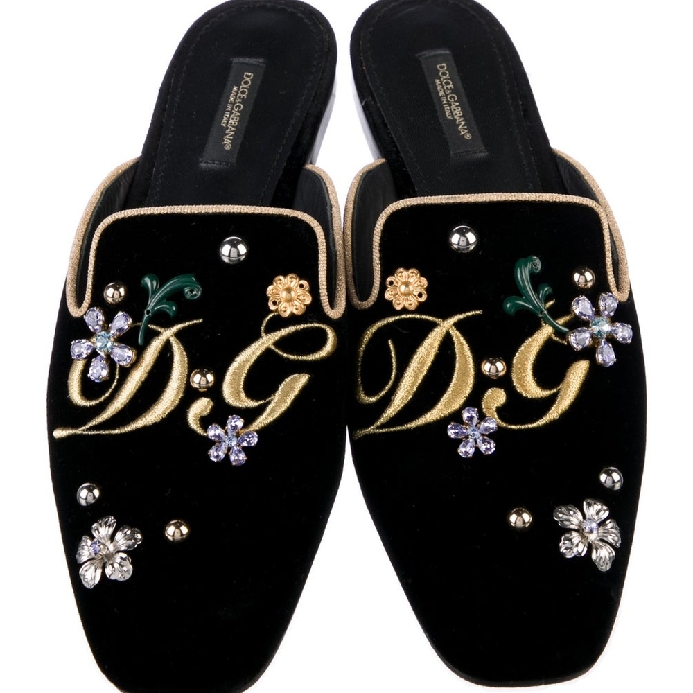 Dolce & Gabbana Black Embroidered Mules with Gold and Silver Accents